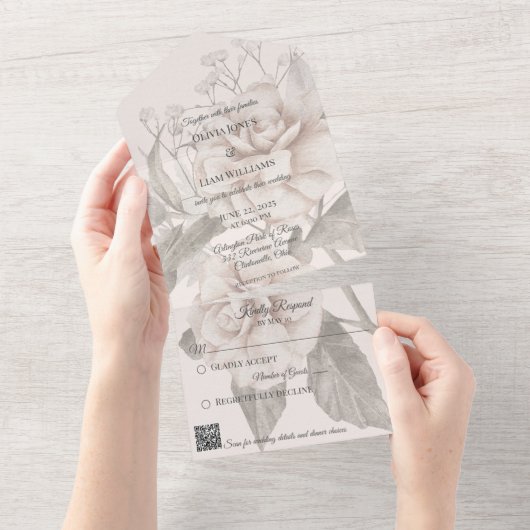 Beige Roos Silhouet QR Code All In One Uitnodiging (Afscheurbaar)
