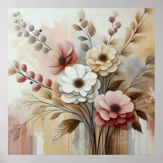 Beige-roze bloemen 27 Poster (Voorkant)