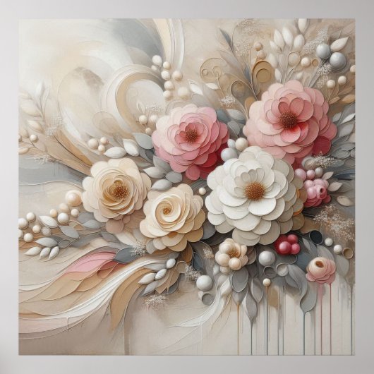 Beige-roze bloemen 32 Poster (Voorkant)