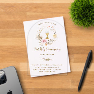 beige roze bloemen Eerste Communie Acryl Uitnodigingen
