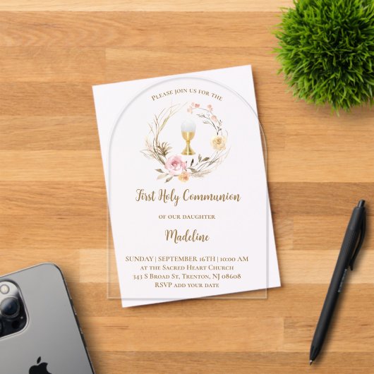 beige roze bloemen | Eerste Communie Acryl Uitnodigingen (Insitu (Uitnodiging))