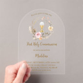 beige roze bloemen | Eerste Communie Acryl Uitnodigingen (Insitu (Draagbaar))