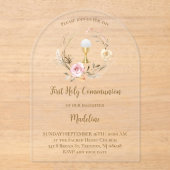 beige roze bloemen | Eerste Communie Acryl Uitnodigingen (Voorkant)