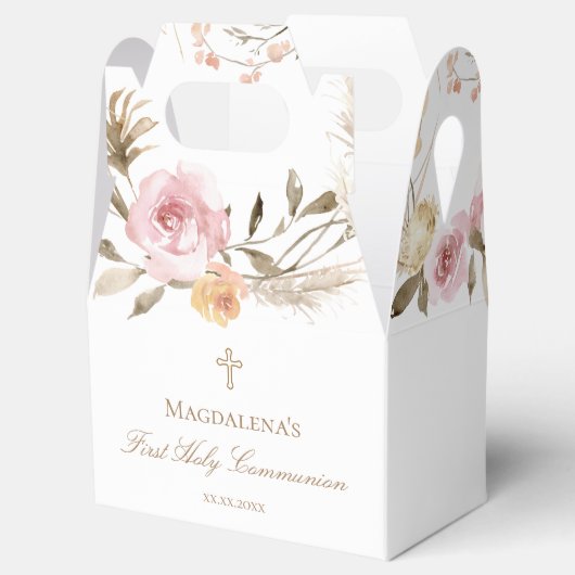 beige roze bloemen Eerste Heilige Communie Bedankdoosjes (Geopend)