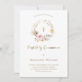 beige roze bloemen | Eerste Heilige Communie Kaart (Voorkant)