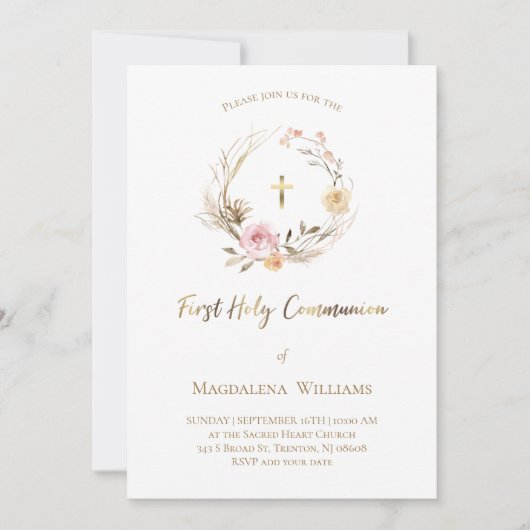 beige roze bloemen | Eerste Heilige Communie Kaart (Voorkant)