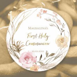 beige roze bloemen Eerste Heilige Communie Ronde Sticker