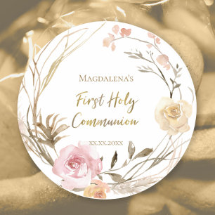beige roze bloemen Eerste Heilige Communie Ronde Sticker