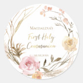 beige roze bloemen Eerste Heilige Communie Ronde Sticker (Voorkant)