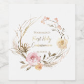 beige roze bloemen Eerste Heilige Communie Wijn Etiket (Enkel label)
