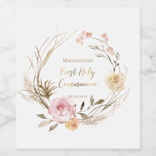 beige roze bloemen Eerste Heilige Communie Wijn Etiket (Enkel label)