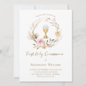 beige roze bloemen | Eerste mededeling Kaart (Voorkant)