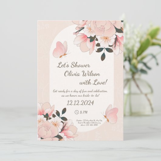 Beige Roze Bloemen Patroon Bruids Douche Uitnodigi Kaart (Staand voorkant)