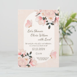 Beige Roze Bloemen Patroon Bruids Douche Uitnodigi Kaart