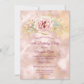 Beige Roze Bloemglitter Birthday Party Kaart (Voorkant)