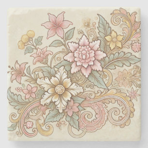 Beige Roze Geel Boho Bloemschildering Batik Waterv Stenen Onderzetter