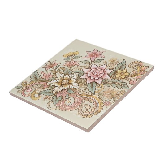 Beige Roze Gele Boho Indonesische Batik Tegeltje (Zijkant)