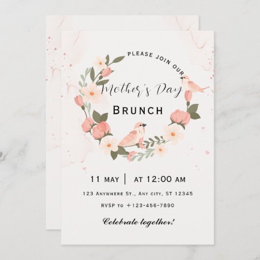 Beige Roze Moederdag Brunch Uitnodigen Kaart (Voorkant / Achterkant)