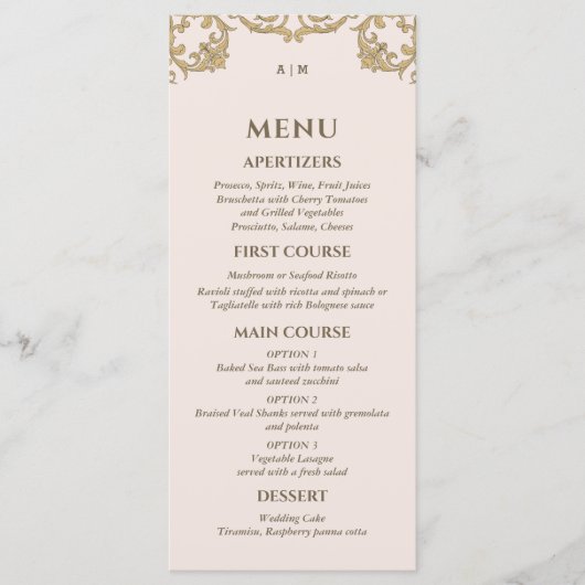 Beige Roze Monogram Barok Wedding Menu (Voorkant)