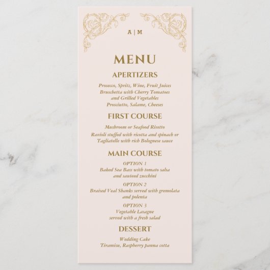 Beige Roze  Monogram Barok Wedding Menu (Voorkant)
