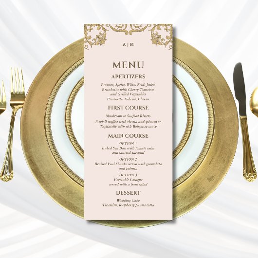 Beige Roze  Monogram Barok Wedding Menu