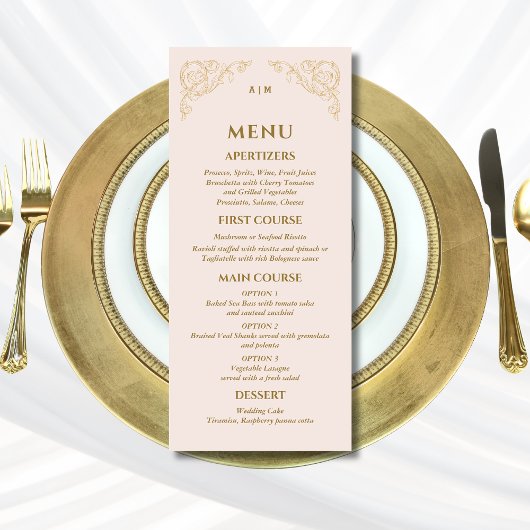 Beige Roze  Monogram Barok Wedding Menu