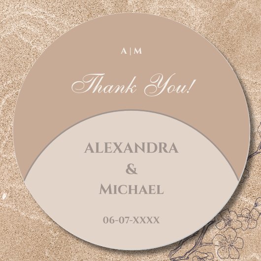 Beige Roze Monogram Japandi bruiloft Dank u Ronde Sticker