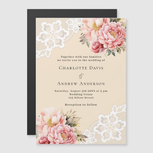 Beige roze rose gouden bloemen kant premium bruilo magnetische uitnodiging (Voorkant / Achterkant)