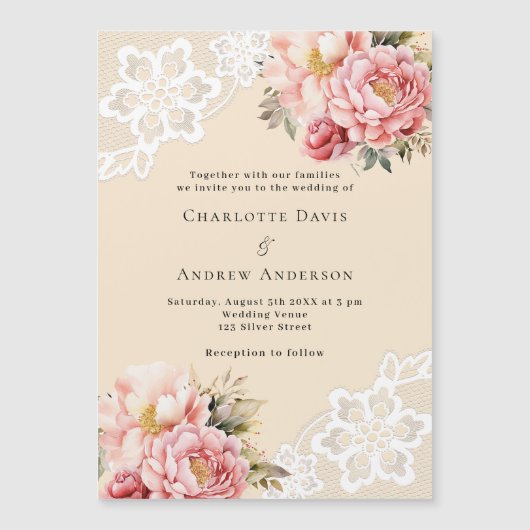 Beige roze rose gouden bloemen kant premium bruilo magnetische uitnodiging (Voorkant)