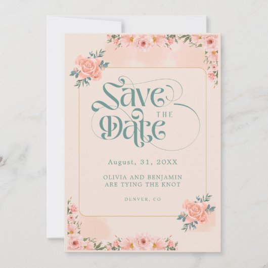 Beige Roze Roze Bloemige Save The Date Uitnodiging (Voorkant)