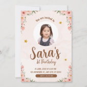 Beige & roze Waterverf Bloem 1e Verjaardag Foto Kaart (Voorkant)