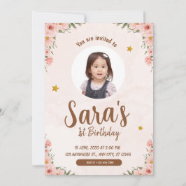 Beige & roze Waterverf Bloem 1e Verjaardag Foto Kaart