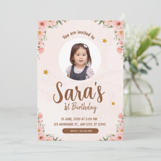 Beige & roze Waterverf Bloem 1e Verjaardag Foto Kaart (Staand voorkant)