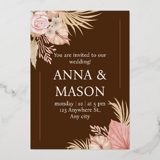 Beige roze Waterverf Boho Tropische Floral Wedding Folie Uitnodiging (Voorkant)