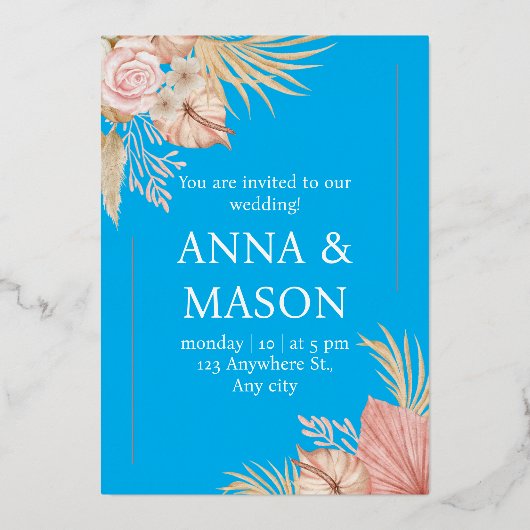 Beige roze Waterverf Boho Tropische Floral Wedding Folie Uitnodiging (Voorkant)