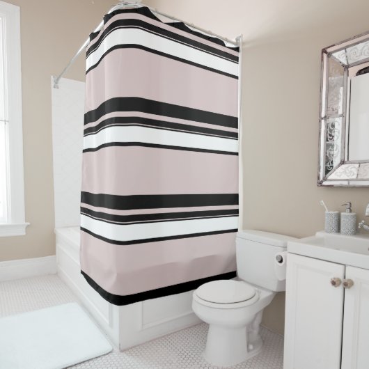 Beige roze witte strepen, klassy stripe douchegordijn (In situ)