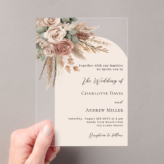 Beige rozen pampas grasboog duidelijke boho bruilo acryl uitnodigingen (Insitu (Draagbaar))