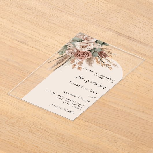 Beige rozen pampas grasboog duidelijke boho bruilo acryl uitnodigingen (Laagn)