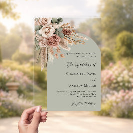 Beige rozen pampas salie groene boog duidelijke br acryl uitnodigingen