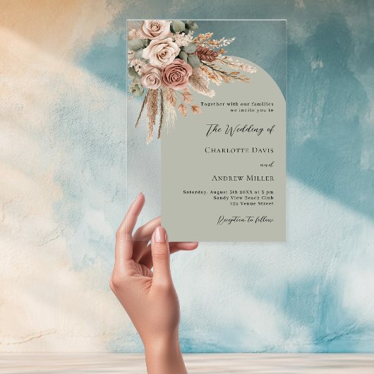 Beige rozen pampas salie groene boog duidelijke br acryl uitnodigingen