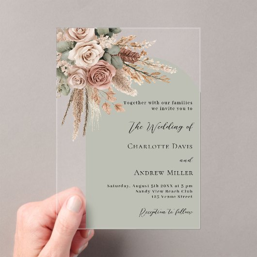 Beige rozen pampas salie groene boog duidelijke br acryl uitnodigingen (Insitu (Draagbaar))