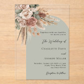 Beige rozen pampas salie groene boog duidelijke br acryl uitnodigingen (Voorkant)