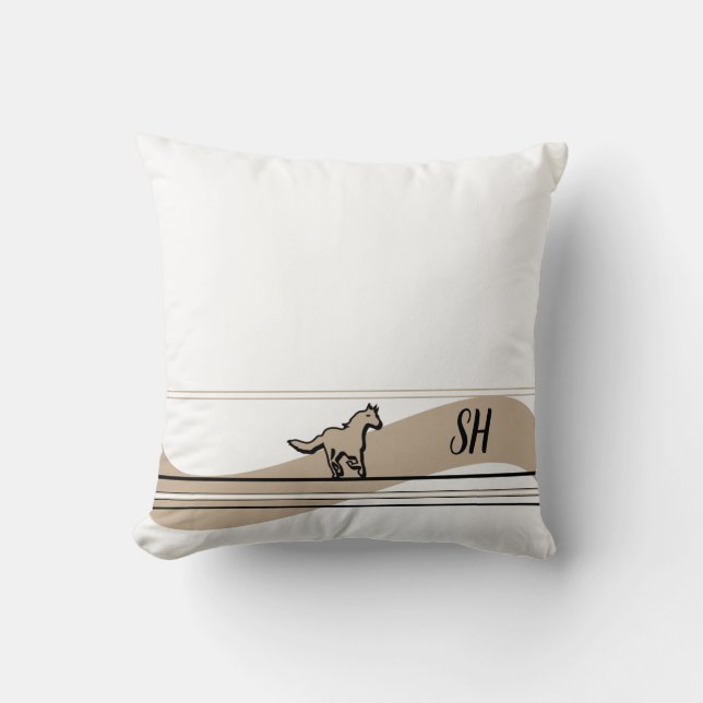 Beige Running Horse Design & Initials Throw Pillow Kussen (Voorkant)
