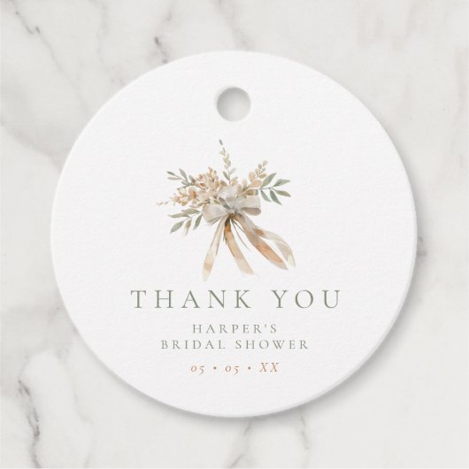 Beige & Sage Bloemen & Boog Bruidsdouche Dank Je Bedankjes Labels (Voorkant)