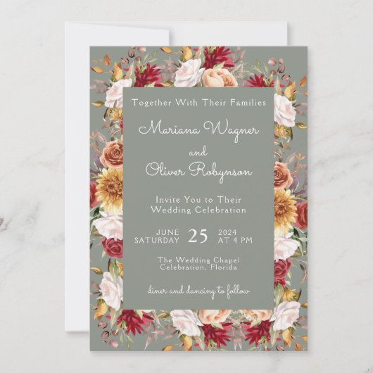 Beige Sage Groene Herfst Bloemenbruiloft Kaart (Voorkant)