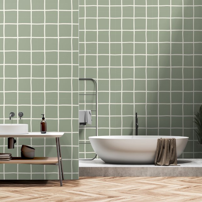 Beige Salie Groene Raster Geruite Scandi Minimalis Behang (Badkamer)