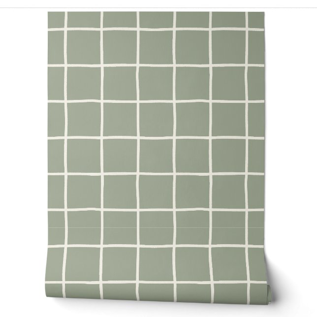 Beige Saliegroen Geruit Scandinavisch Minimalistis Behang (Afrollen)