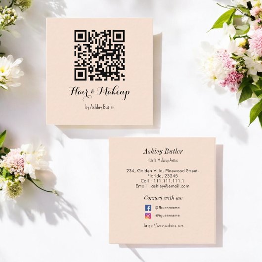 Beige Salon QR Code Haar Make Up Visitekaartje