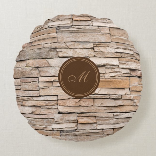 Beige Sandstone Monogram Rond Kussen (Voorkant)