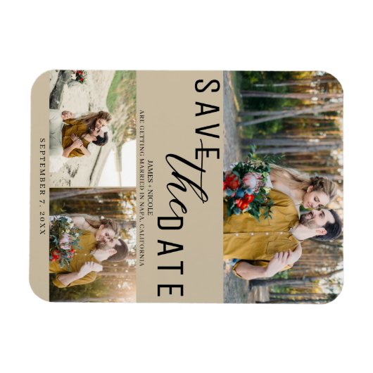 Beige Save the Date Wedding 3 foto's Magneet (Horizontaal)